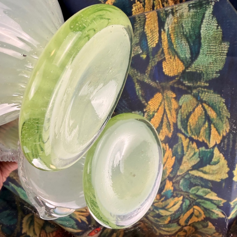Uranium Art Glass Vase Opalescent Floral Applique 10" - Picture 7 of 9